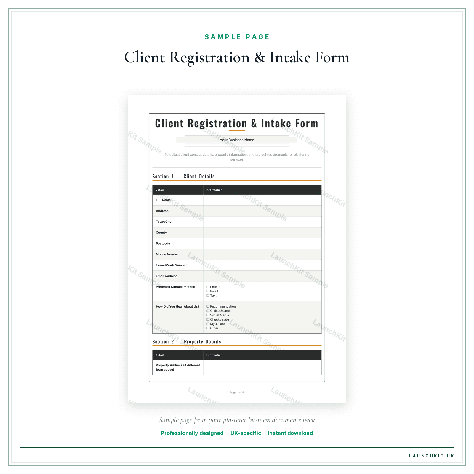 Client Registration & Intake Form sample page from the Plasterer Business Documents — Standard pack — watermarked LaunchKit Sample