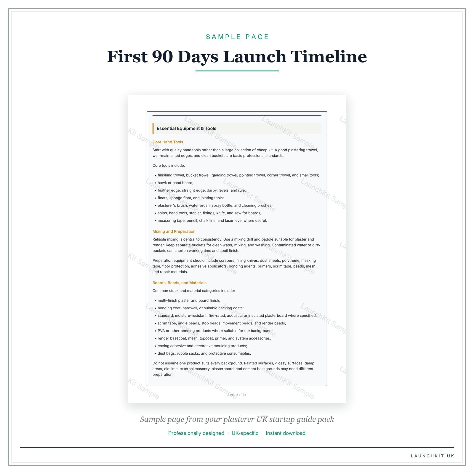 First 90 Days Launch Timeline sample page from the Plasterer Startup Guide pack — watermarked LaunchKit Sample