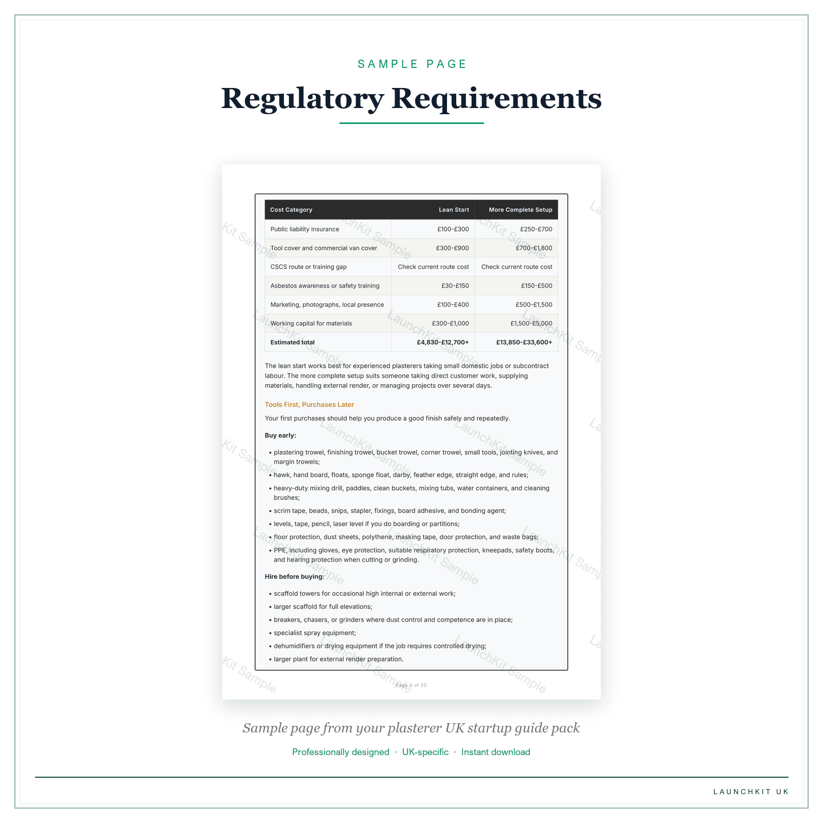 Regulatory Requirements sample page from the Plasterer Startup Guide pack — watermarked LaunchKit Sample