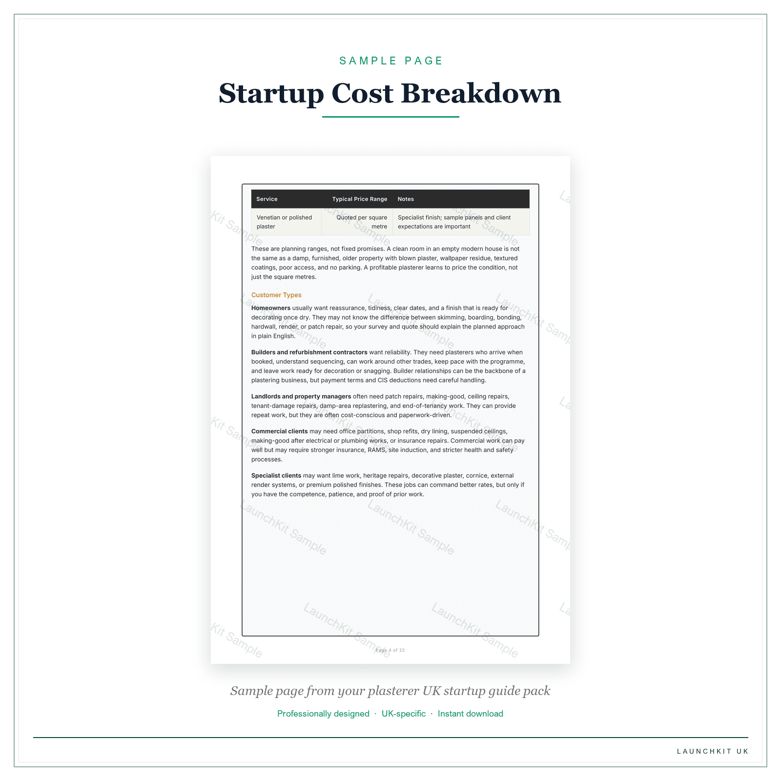 Startup Cost Breakdown sample page from the Plasterer Startup Guide pack — watermarked LaunchKit Sample
