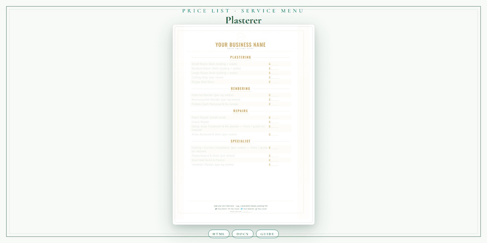 Plasterer — Price List & Service Menu, PDF product overview