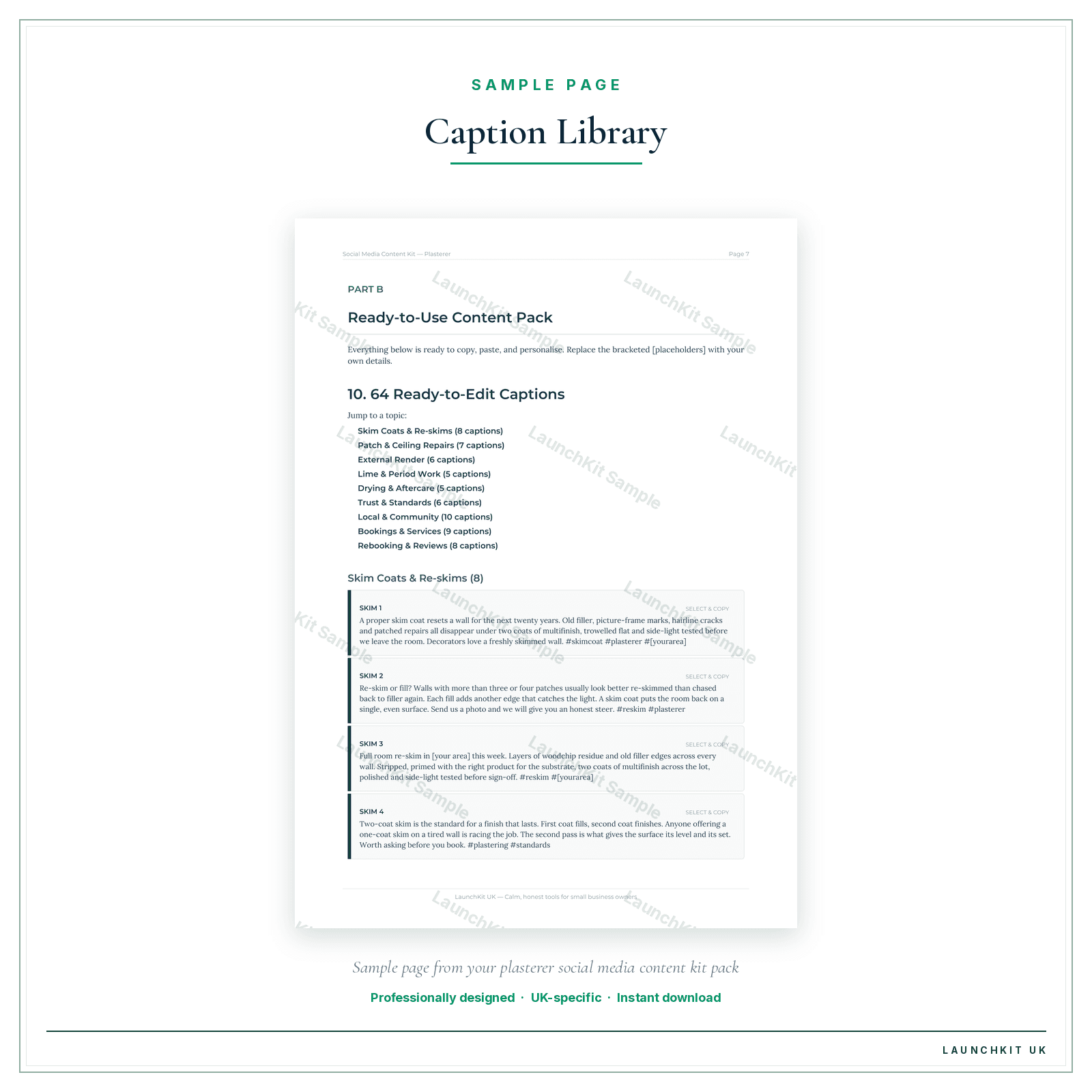Caption Library sample page from the Plasterer Social Media Content Kit pack — watermarked LaunchKit Sample