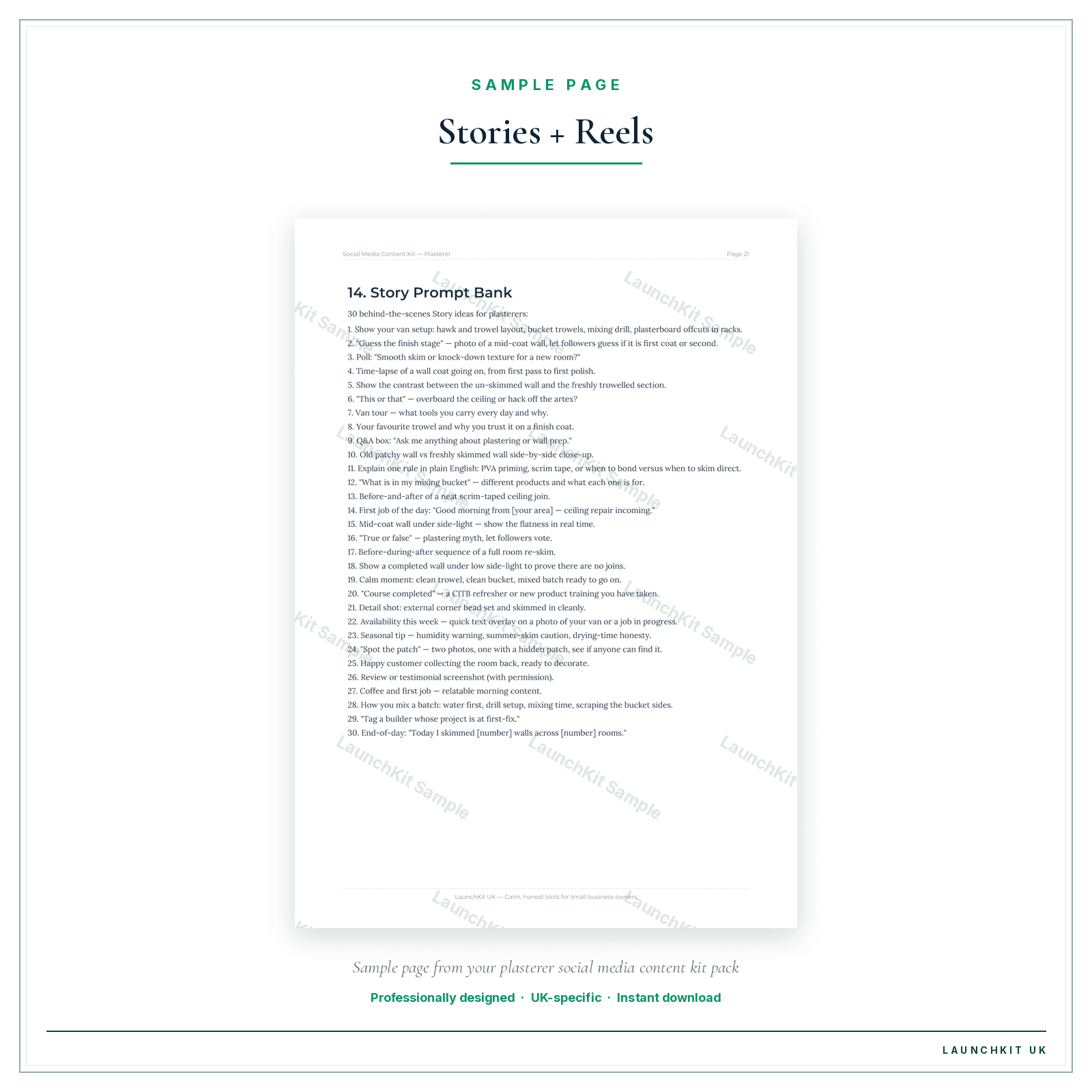 Stories + Reels sample page from the Plasterer Social Media Content Kit pack — watermarked LaunchKit Sample