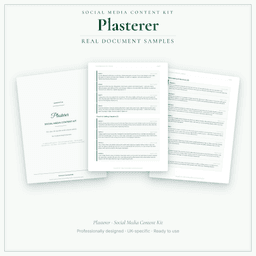 Plasterer — Social Media Content Kit, PDF and editable DOCX sample pages