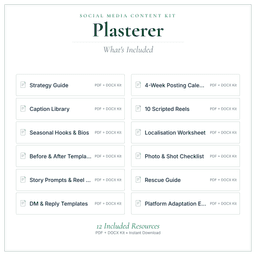 Plasterer — Social Media Content Kit, PDF and editable DOCX what's included preview