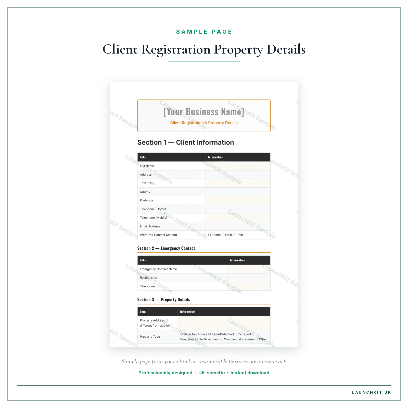 Client Registration & Property Details sample page from the Plumber Business Documents — Customisable pack — watermarked LaunchKit Sample