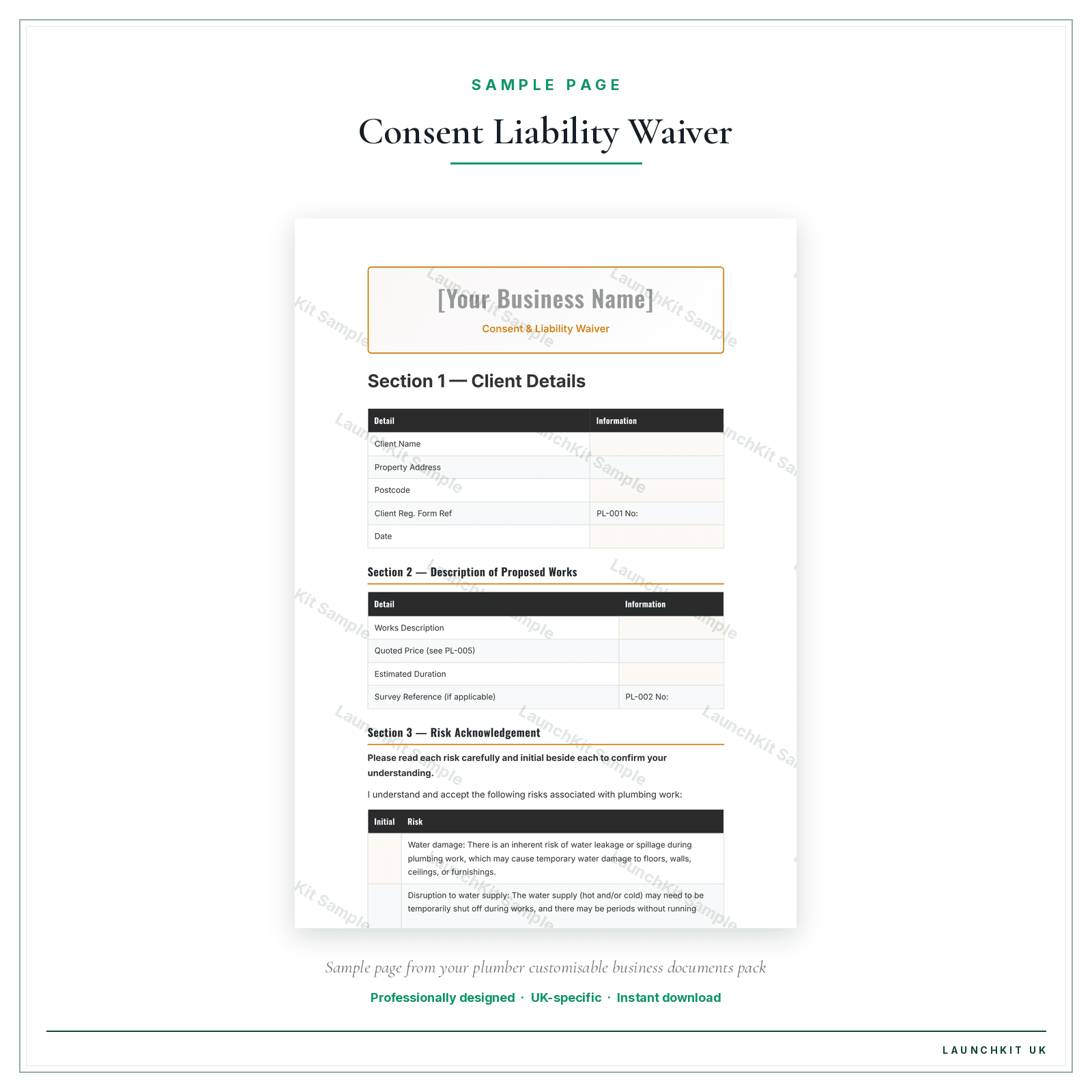Consent & Liability Waiver sample page from the Plumber Business Documents — Customisable pack — watermarked LaunchKit Sample