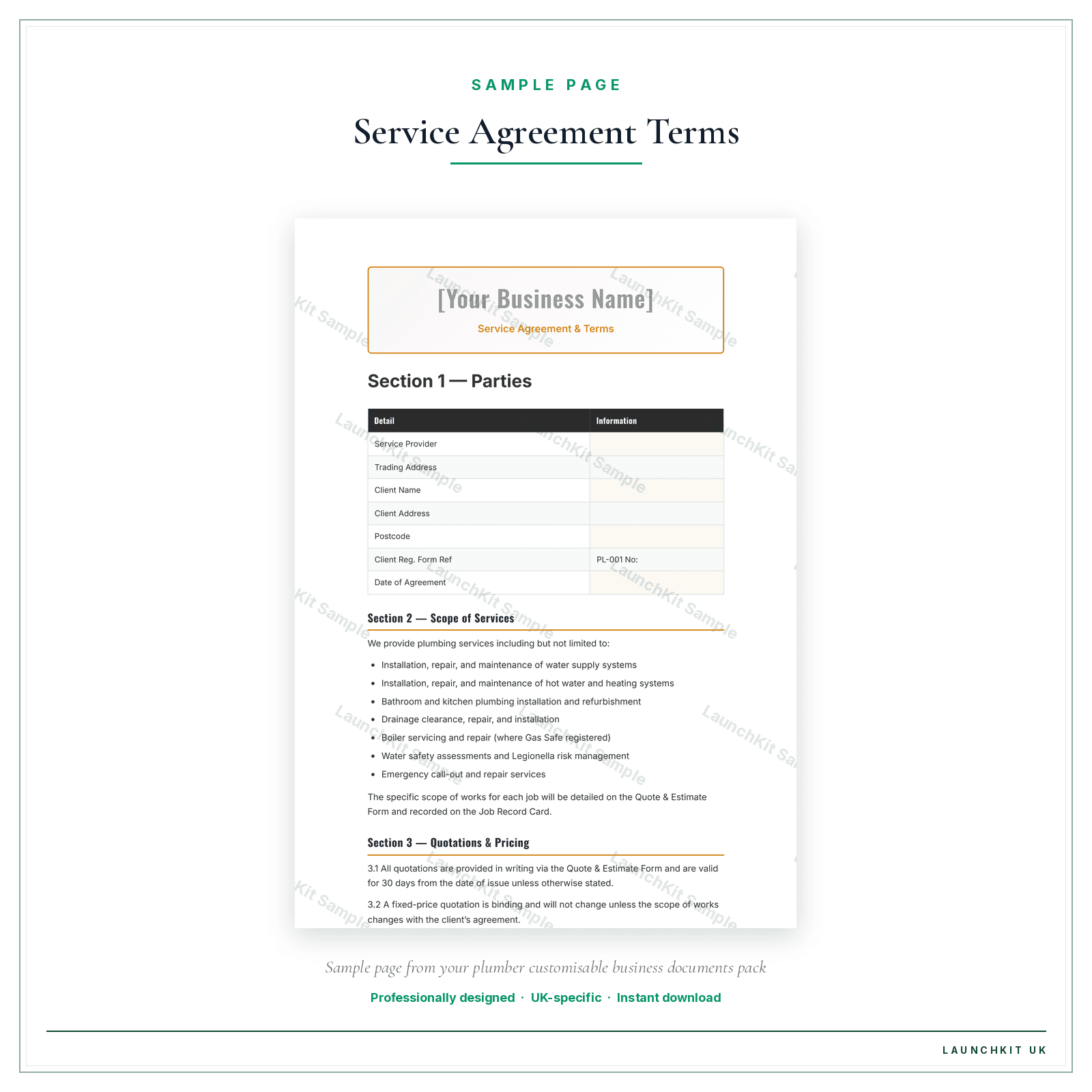Service Agreement & Terms sample page from the Plumber Business Documents — Customisable pack — watermarked LaunchKit Sample
