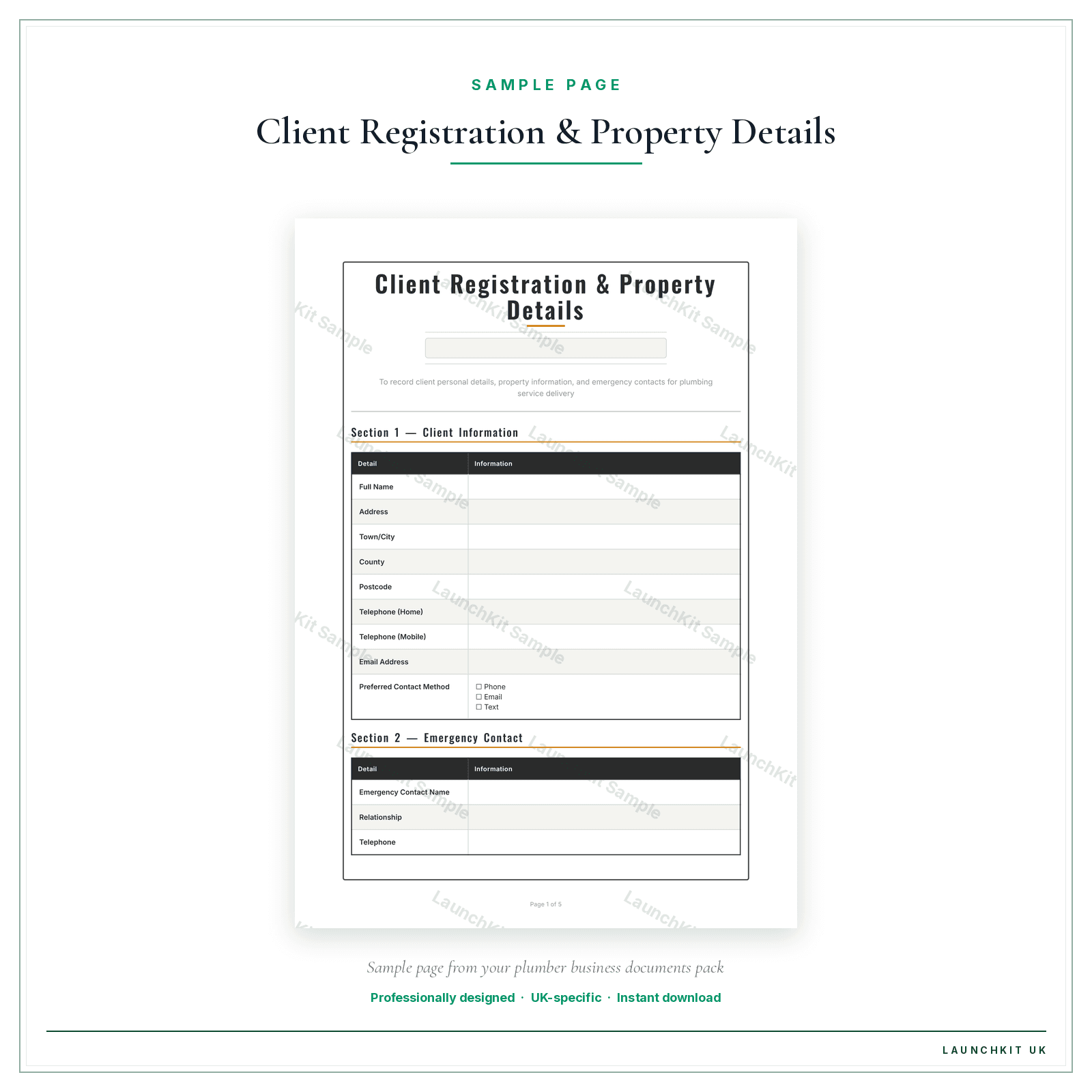 Client Registration & Property Details sample page from the Plumber Business Documents — Essential pack — watermarked LaunchKit Sample