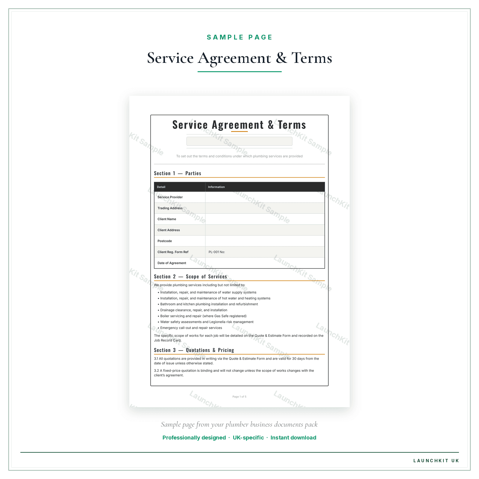 Service Agreement & Terms sample page from the Plumber Business Documents — Essential pack — watermarked LaunchKit Sample