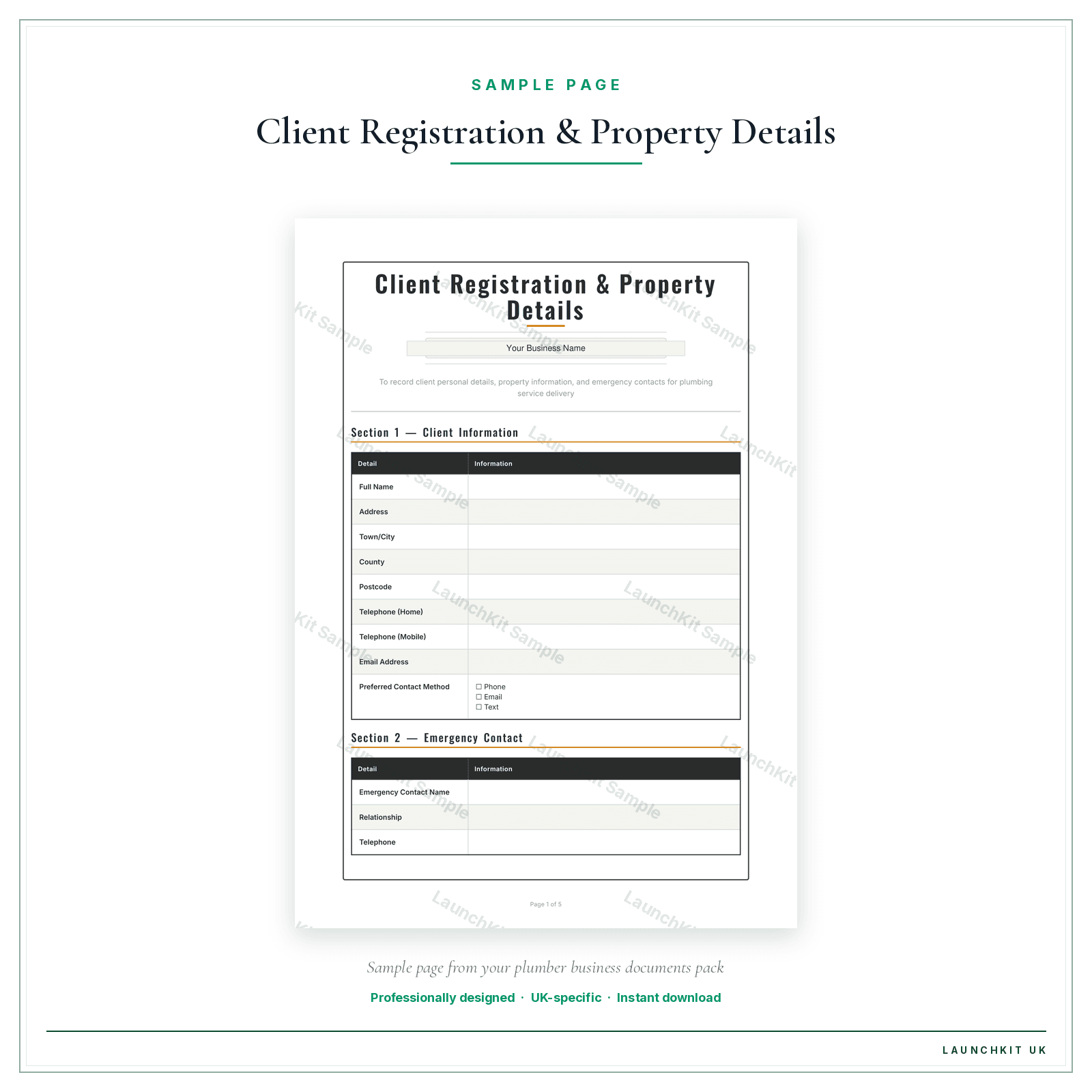 Client Registration & Property Details sample page from the Plumber Business Documents — Standard pack — watermarked LaunchKit Sample