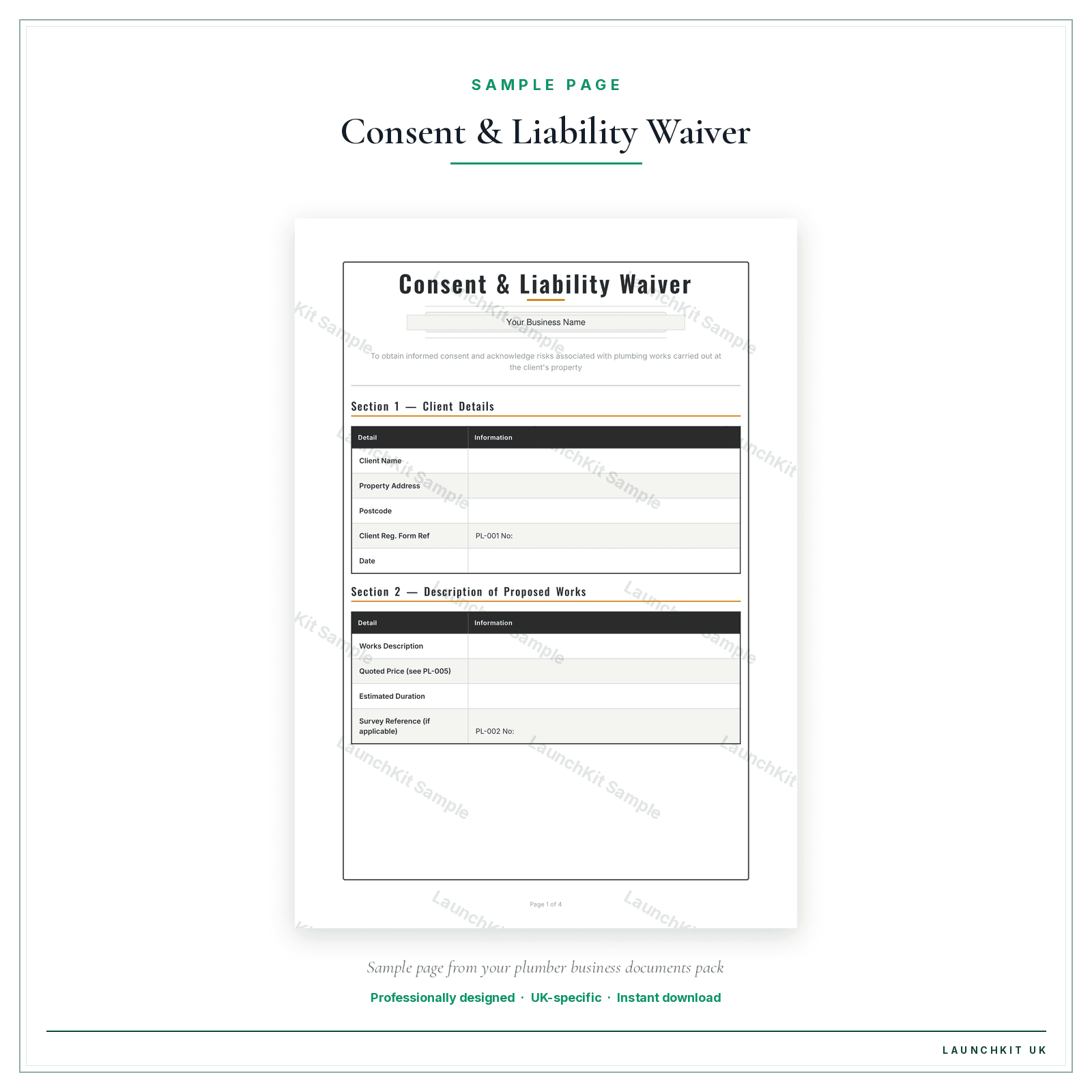 Consent & Liability Waiver sample page from the Plumber Business Documents — Standard pack — watermarked LaunchKit Sample