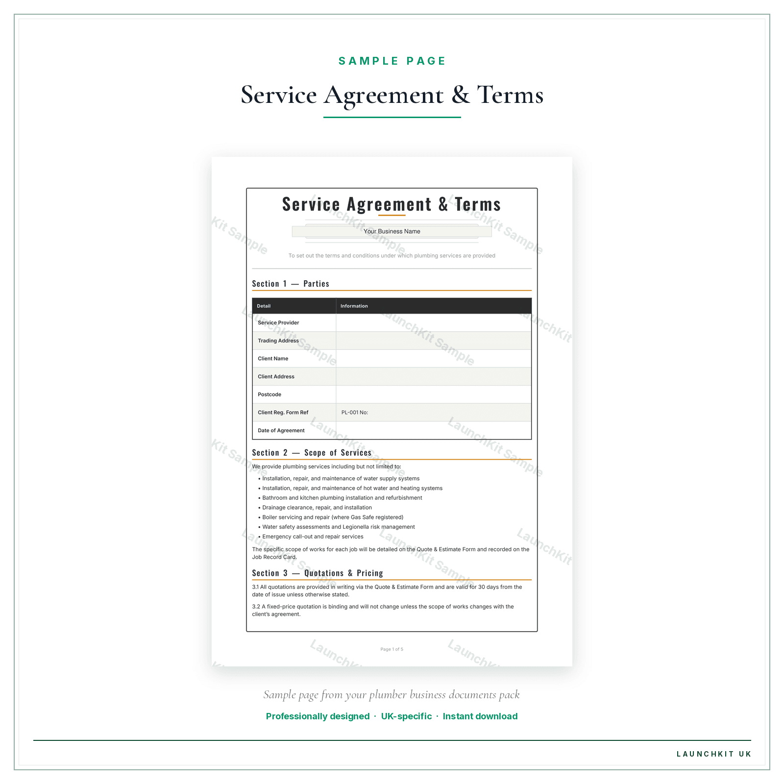 Service Agreement & Terms sample page from the Plumber Business Documents — Standard pack — watermarked LaunchKit Sample