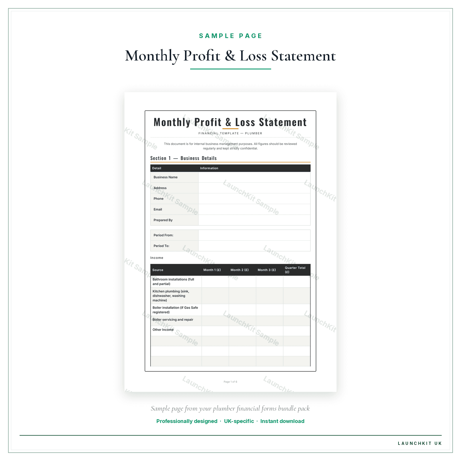 Monthly Profit & Loss Statement sample page from the Plumber Financial Forms Bundle — Premium pack — watermarked LaunchKit Sample