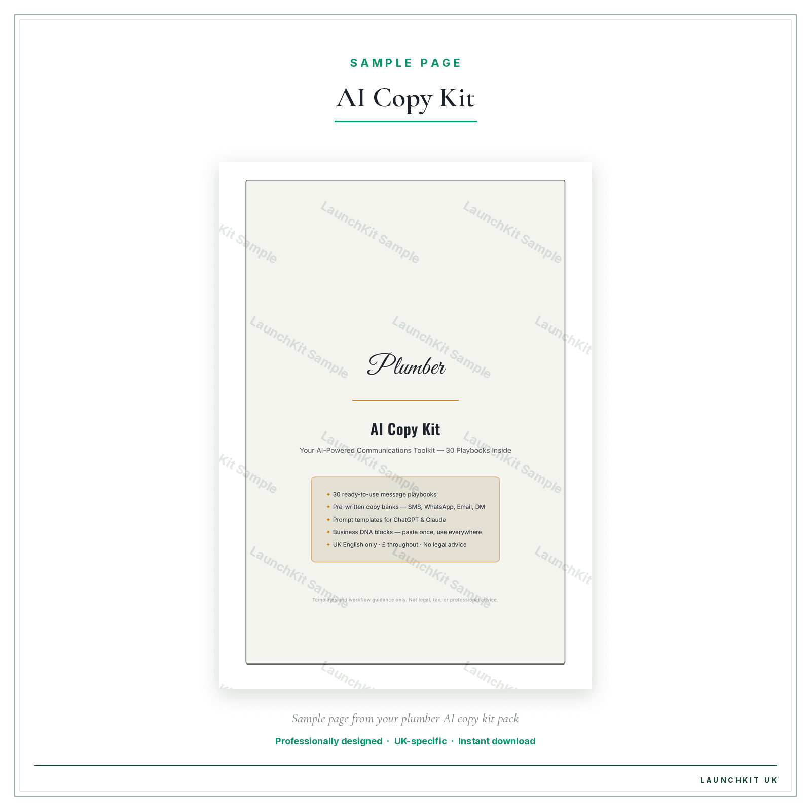AI Copy Kit sample page from the Plumber AI Copy Kit pack — watermarked LaunchKit Sample