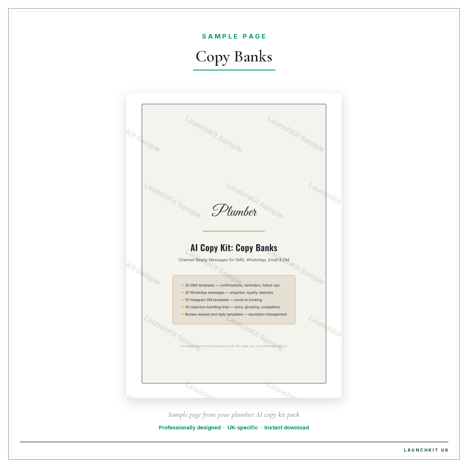Copy Banks sample page from the Plumber AI Copy Kit pack — watermarked LaunchKit Sample