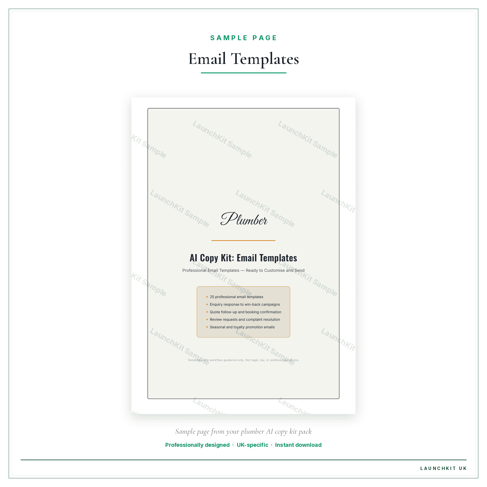 Email Templates sample page from the Plumber AI Copy Kit pack — watermarked LaunchKit Sample