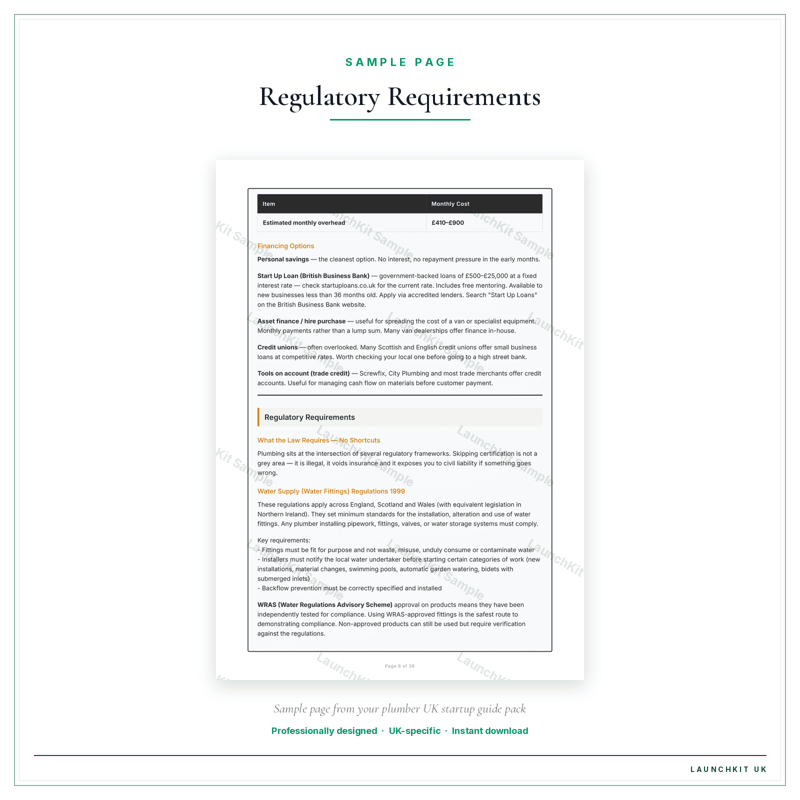 Regulatory Requirements sample page from the Plumber Startup Guide pack — watermarked LaunchKit Sample