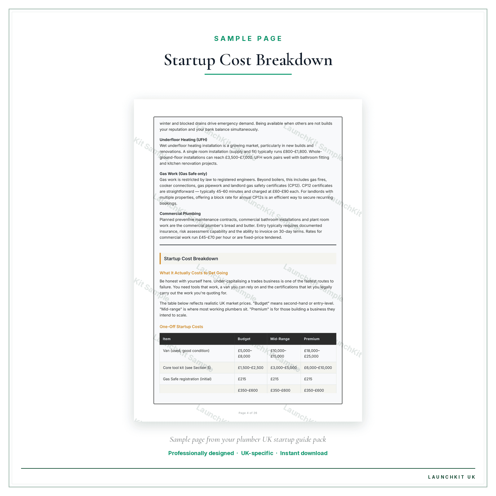 Startup Cost Breakdown sample page from the Plumber Startup Guide pack — watermarked LaunchKit Sample