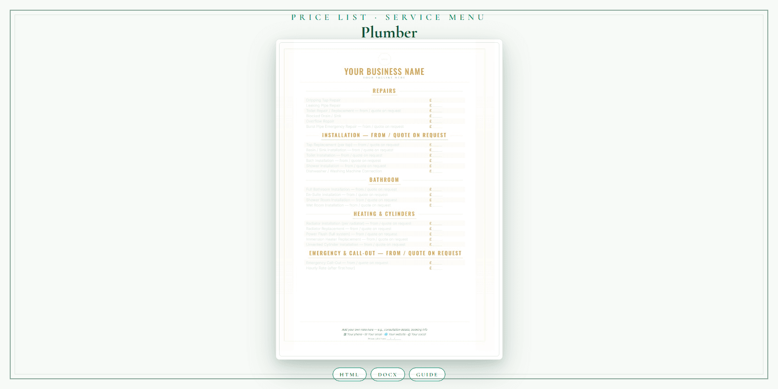 Plumber — Price List & Service Menu, PDF product overview