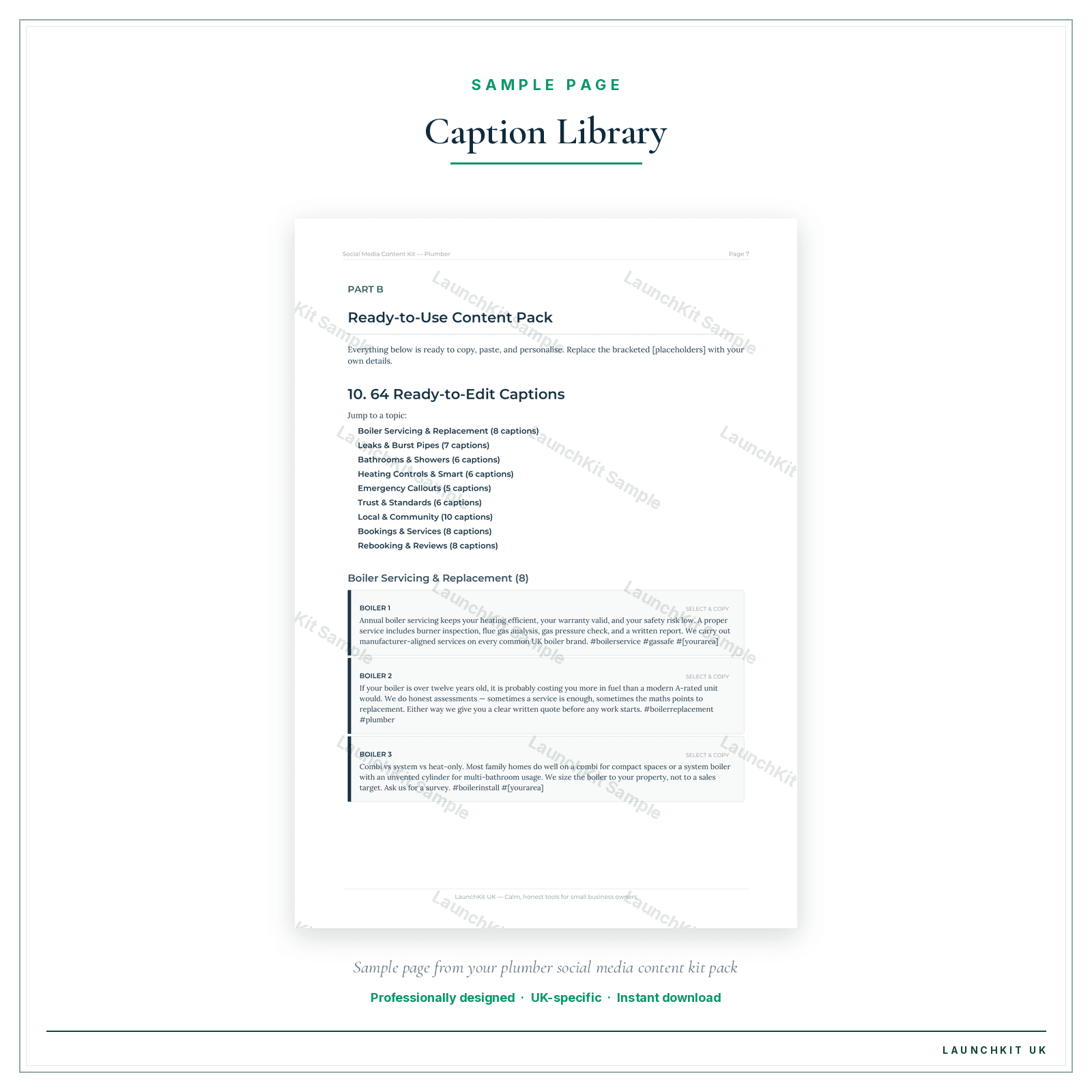 Caption Library sample page from the Plumber Social Media Content Kit pack — watermarked LaunchKit Sample