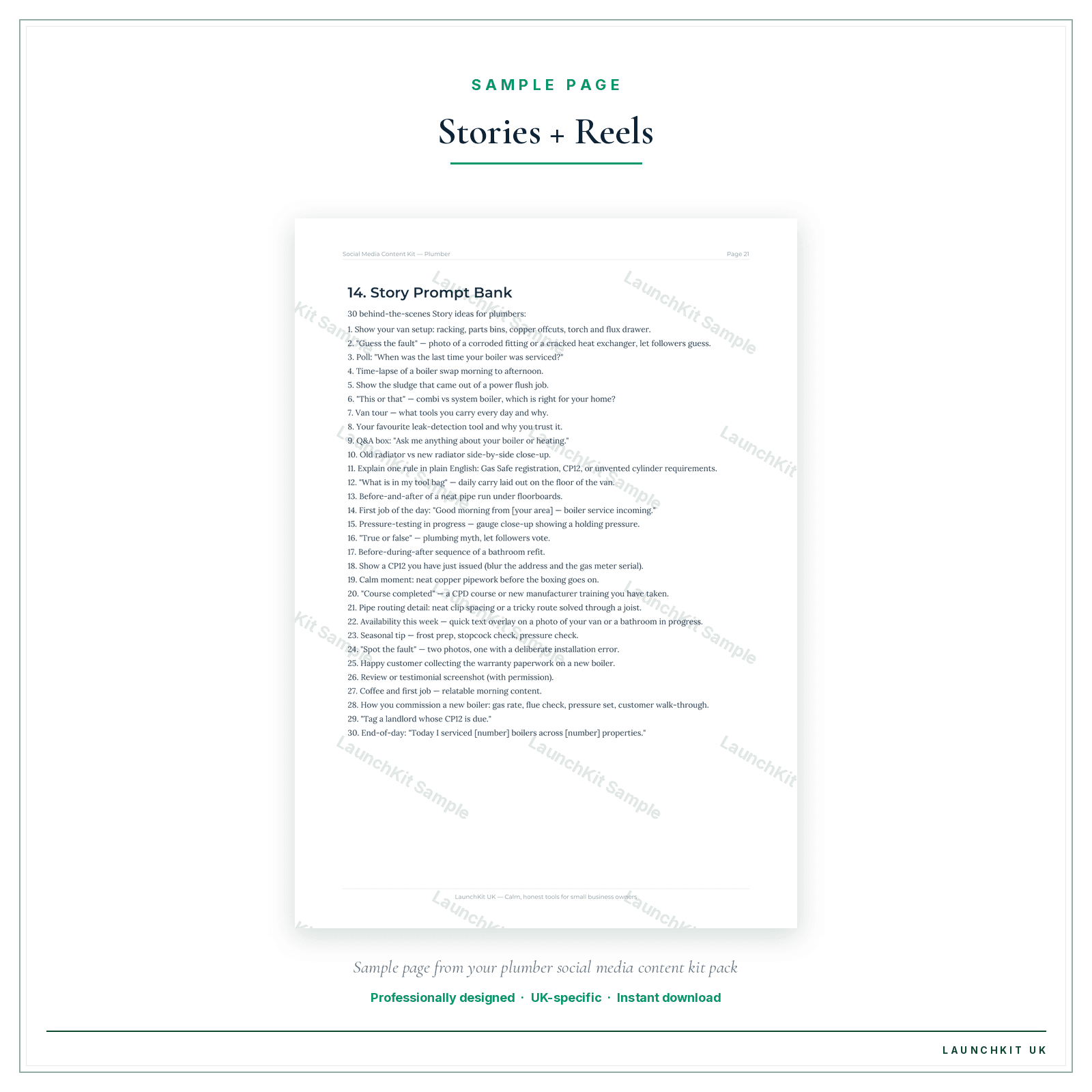 Stories + Reels sample page from the Plumber Social Media Content Kit pack — watermarked LaunchKit Sample