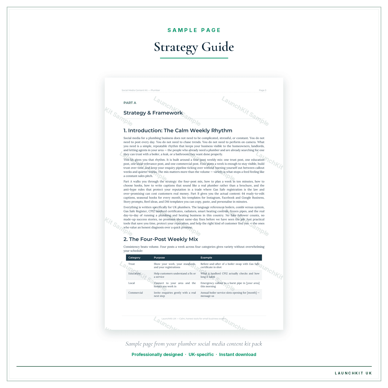 Strategy Guide sample page from the Plumber Social Media Content Kit pack — watermarked LaunchKit Sample