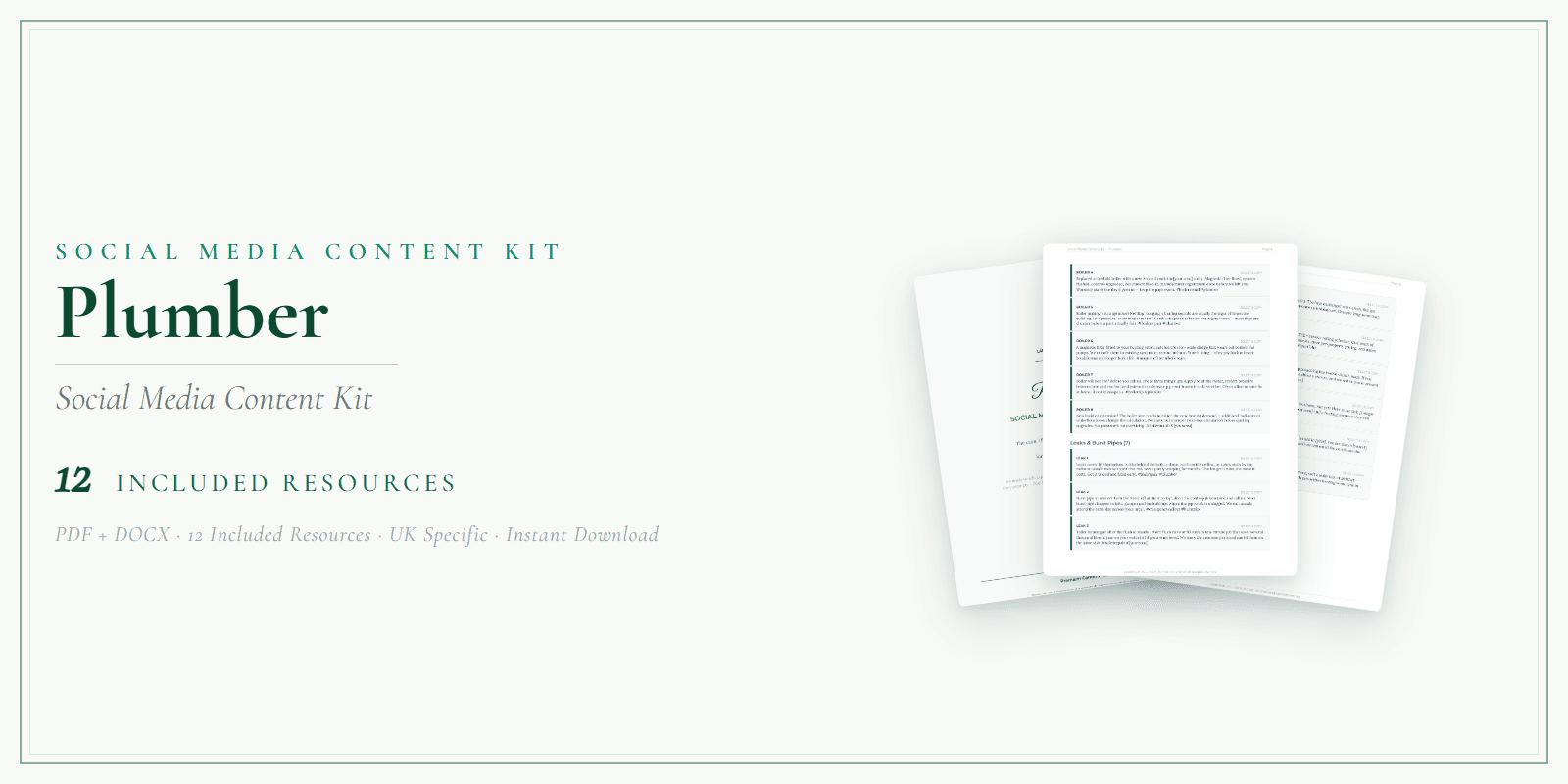 Plumber — Social Media Content Kit, PDF and editable DOCX product overview