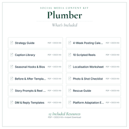 Plumber — Social Media Content Kit, PDF and editable DOCX what's included preview