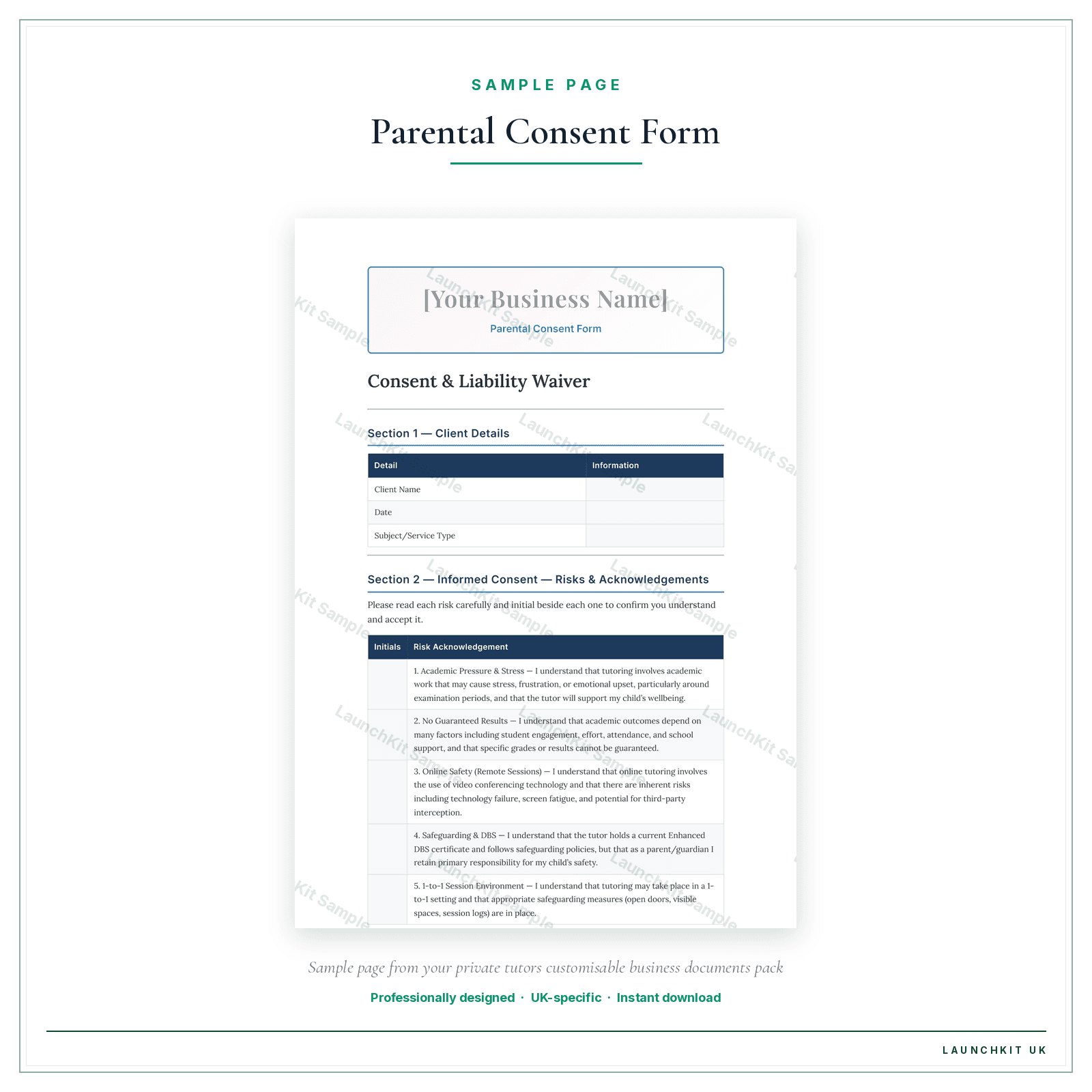 Parental Consent Form sample page from the Private Tutors Business Documents — Customisable pack — watermarked LaunchKit Sample
