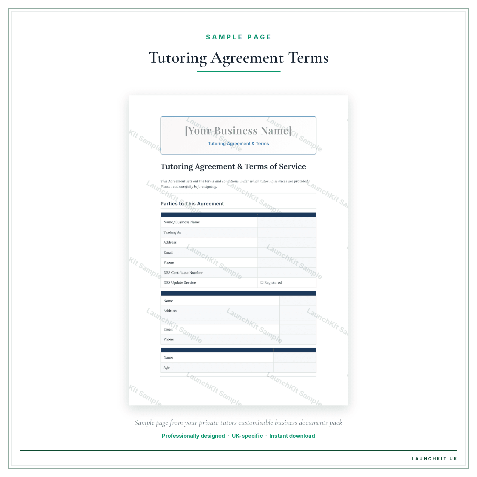 Tutoring Agreement & Terms sample page from the Private Tutors Business Documents — Customisable pack — watermarked LaunchKit Sample