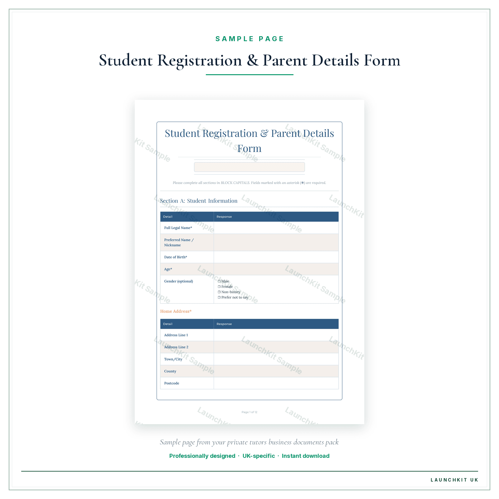 Student Registration & Parent Details Form sample page from the Private Tutors Business Documents — Essential pack — watermarked LaunchKit Sample