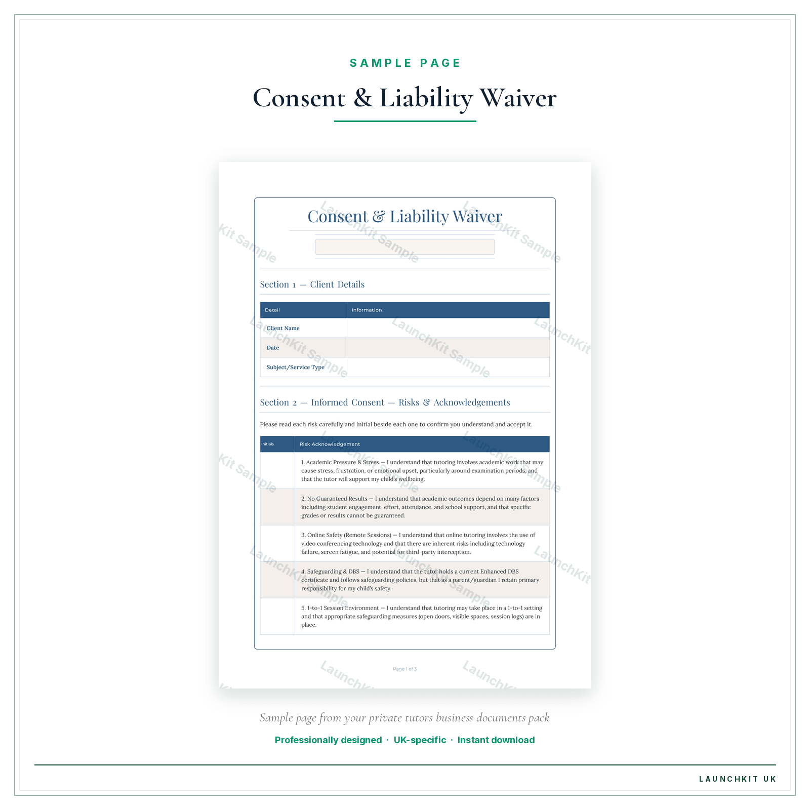 Parental Consent Form sample page from the Private Tutors Business Documents — Essential pack — watermarked LaunchKit Sample