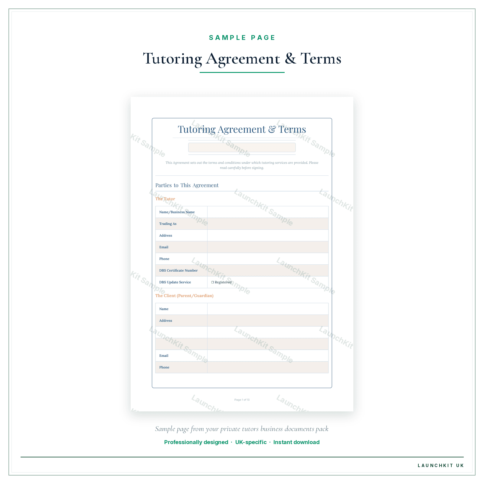 Tutoring Agreement & Terms sample page from the Private Tutors Business Documents — Essential pack — watermarked LaunchKit Sample