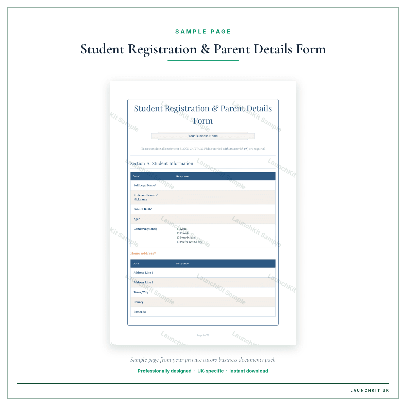 Student Registration & Parent Details Form sample page from the Private Tutors Business Documents — Standard pack — watermarked LaunchKit Sample