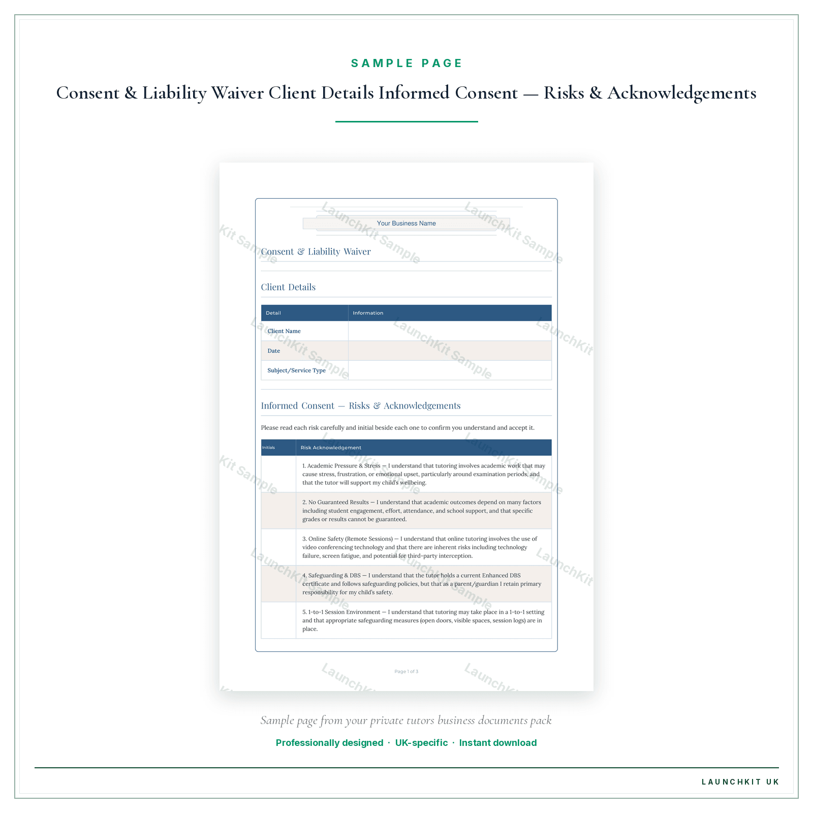 Parental Consent Form sample page from the Private Tutors Business Documents — Standard pack — watermarked LaunchKit Sample