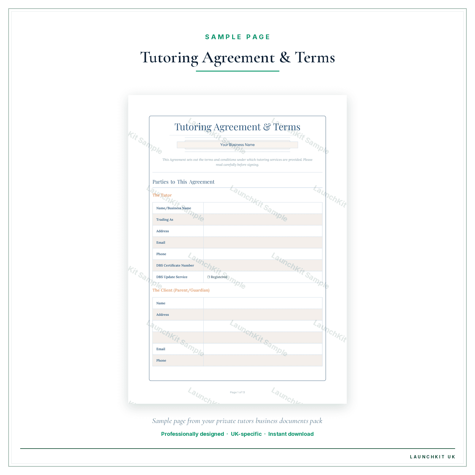 Tutoring Agreement & Terms sample page from the Private Tutors Business Documents — Standard pack — watermarked LaunchKit Sample