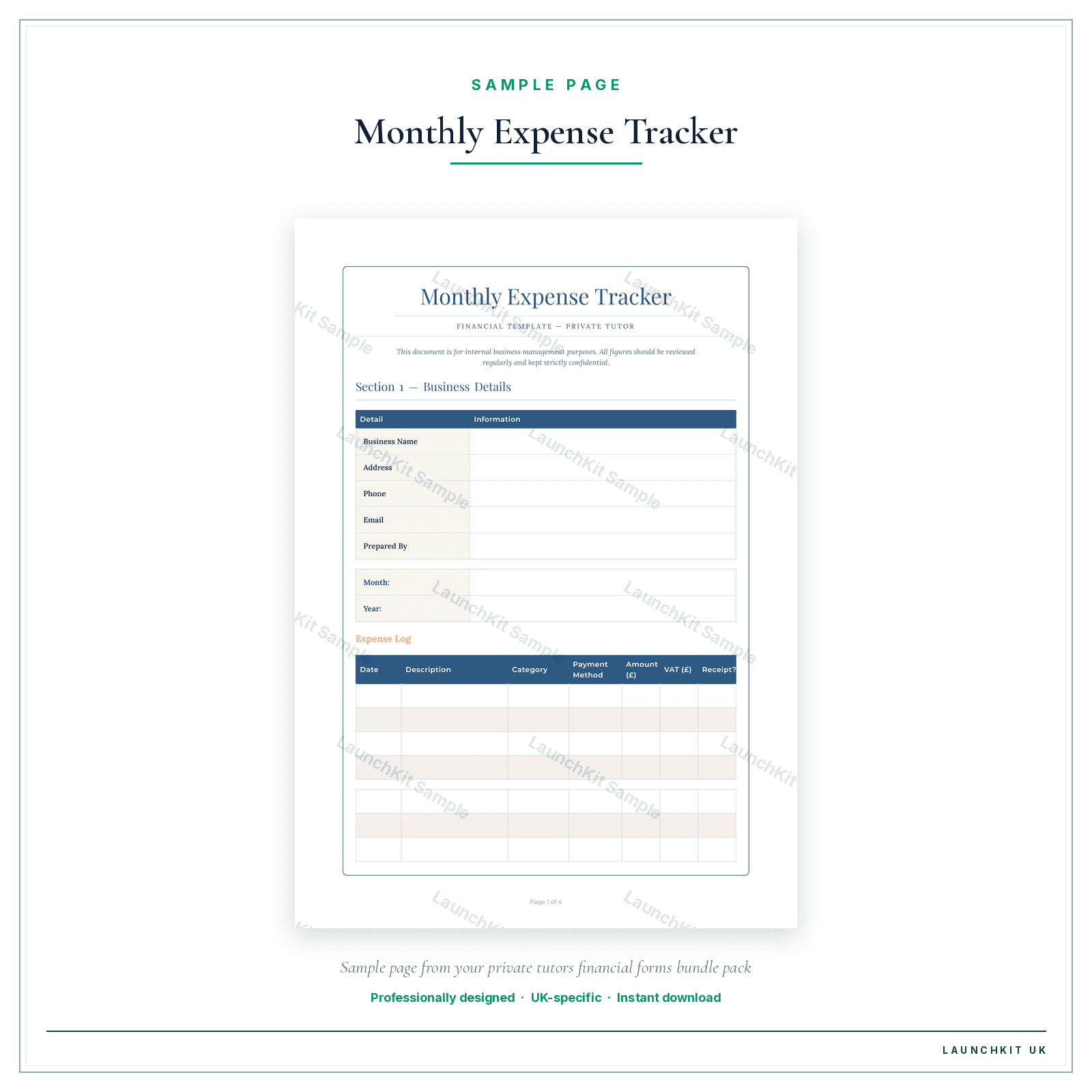 Monthly Expense Tracker sample page from the Private Tutors Financial Forms Bundle — Premium pack — watermarked LaunchKit Sample