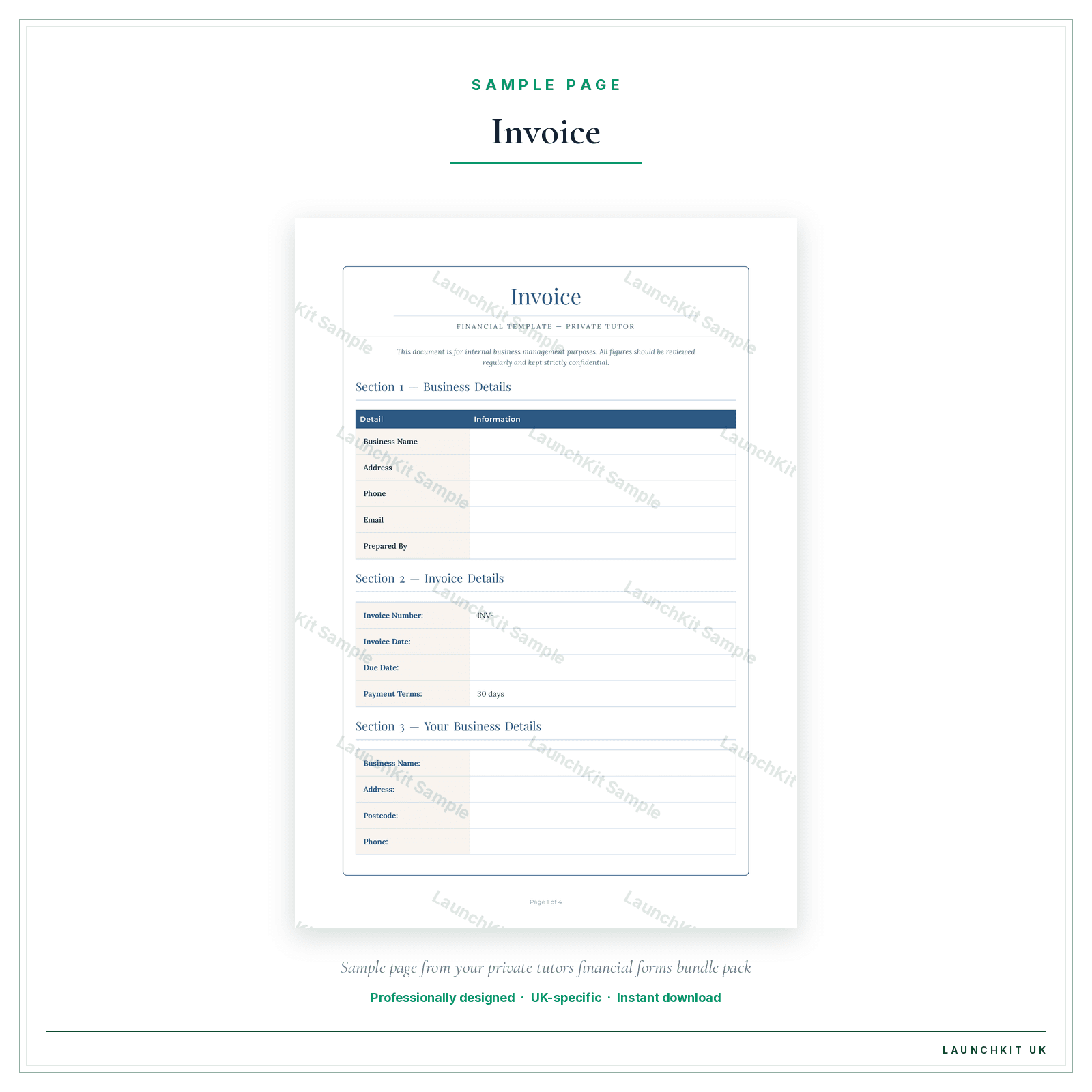 Invoice sample page from the Private Tutors Financial Forms Bundle — Premium pack — watermarked LaunchKit Sample