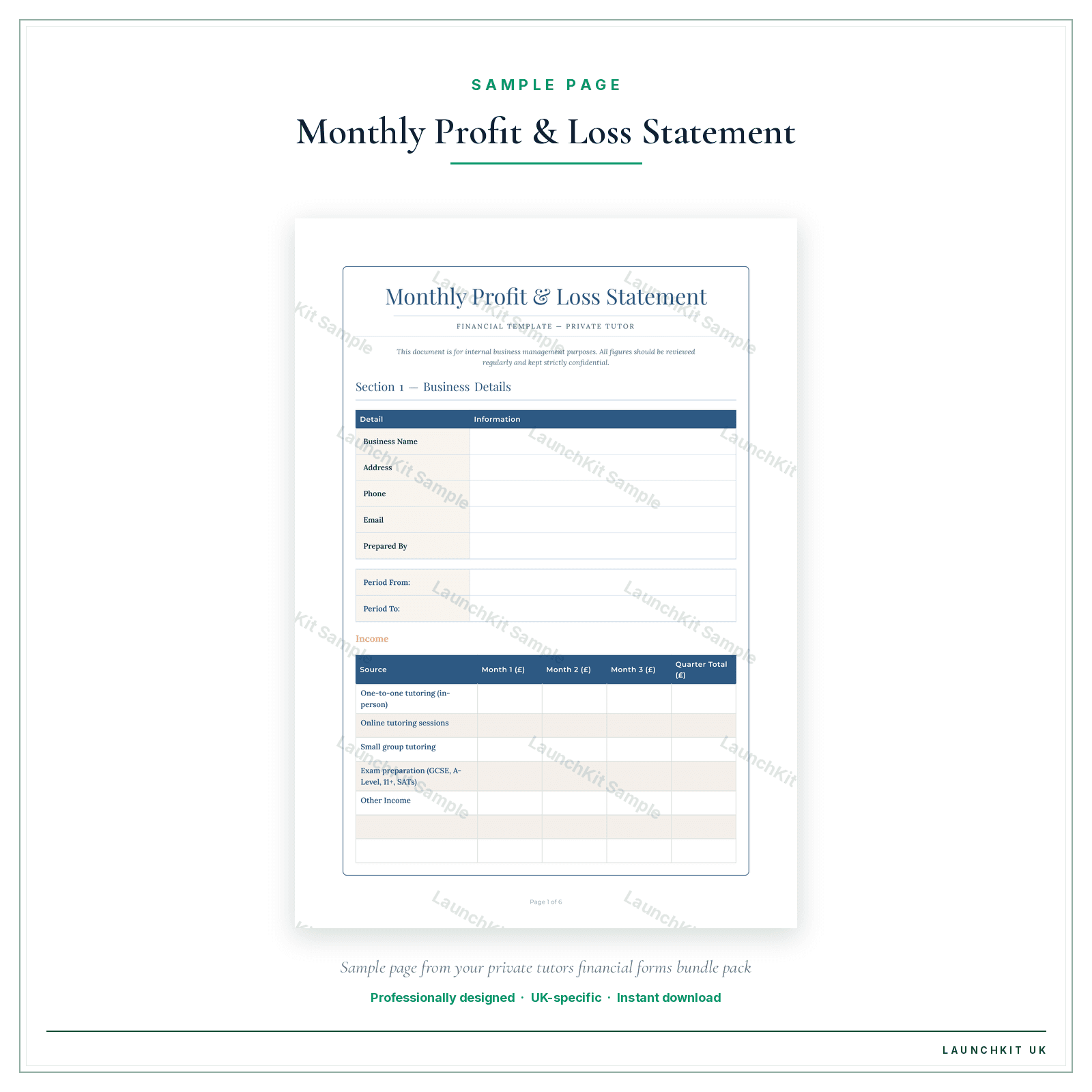 Monthly Profit & Loss Statement sample page from the Private Tutors Financial Forms Bundle — Premium pack — watermarked LaunchKit Sample