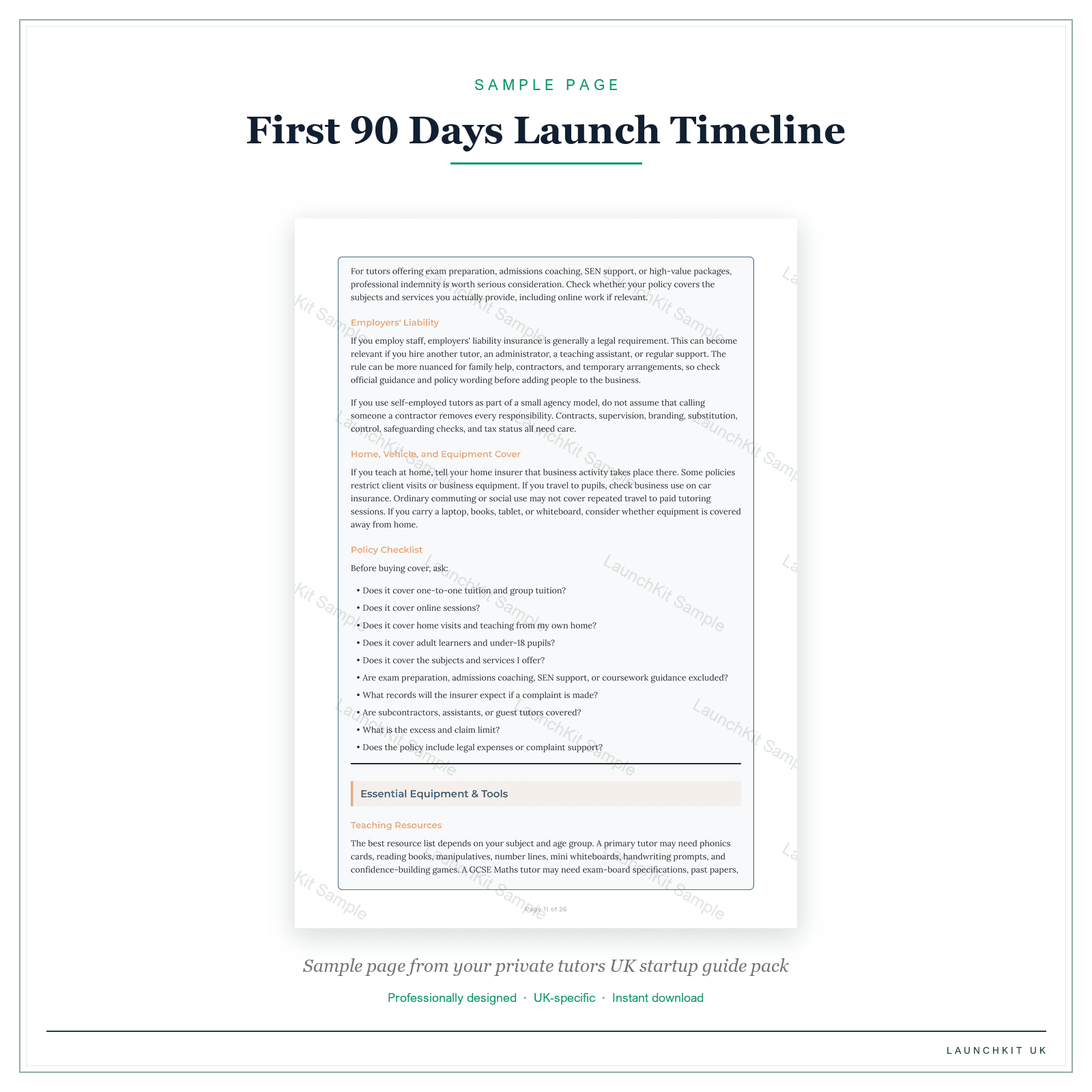 First 90 Days Launch Timeline sample page from the Private Tutors Startup Guide pack — watermarked LaunchKit Sample