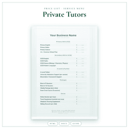 Private Tutors — Price List & Service Menu, PDF product preview