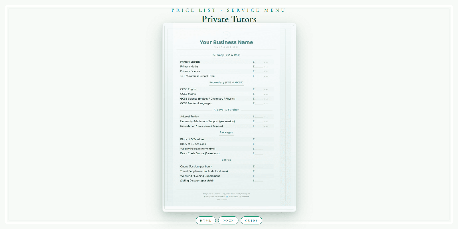 Private Tutors — Price List & Service Menu, PDF product overview