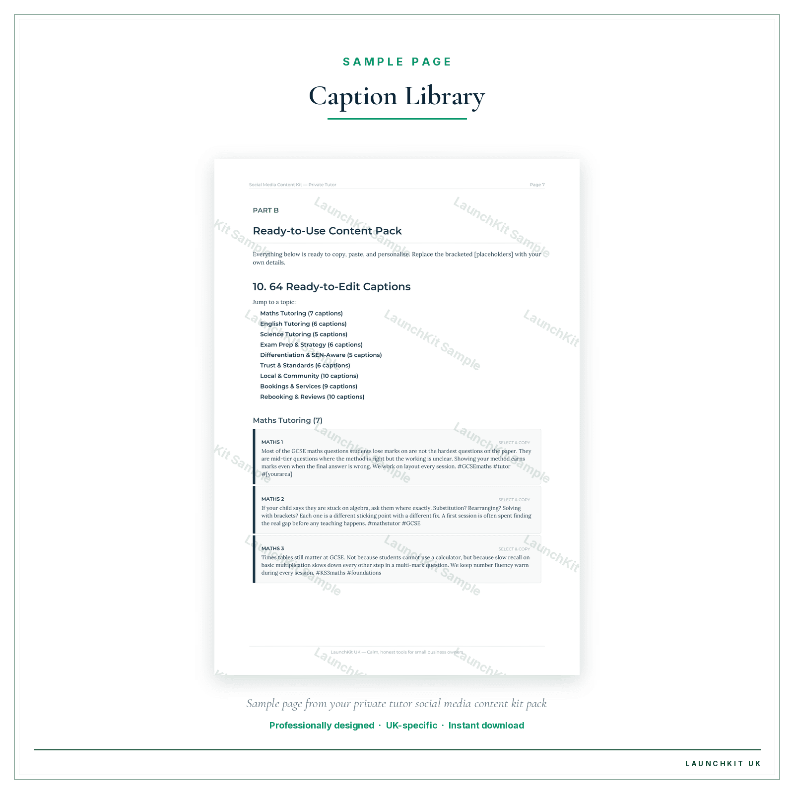Caption Library sample page from the Private Tutors Social Media Content Kit pack — watermarked LaunchKit Sample