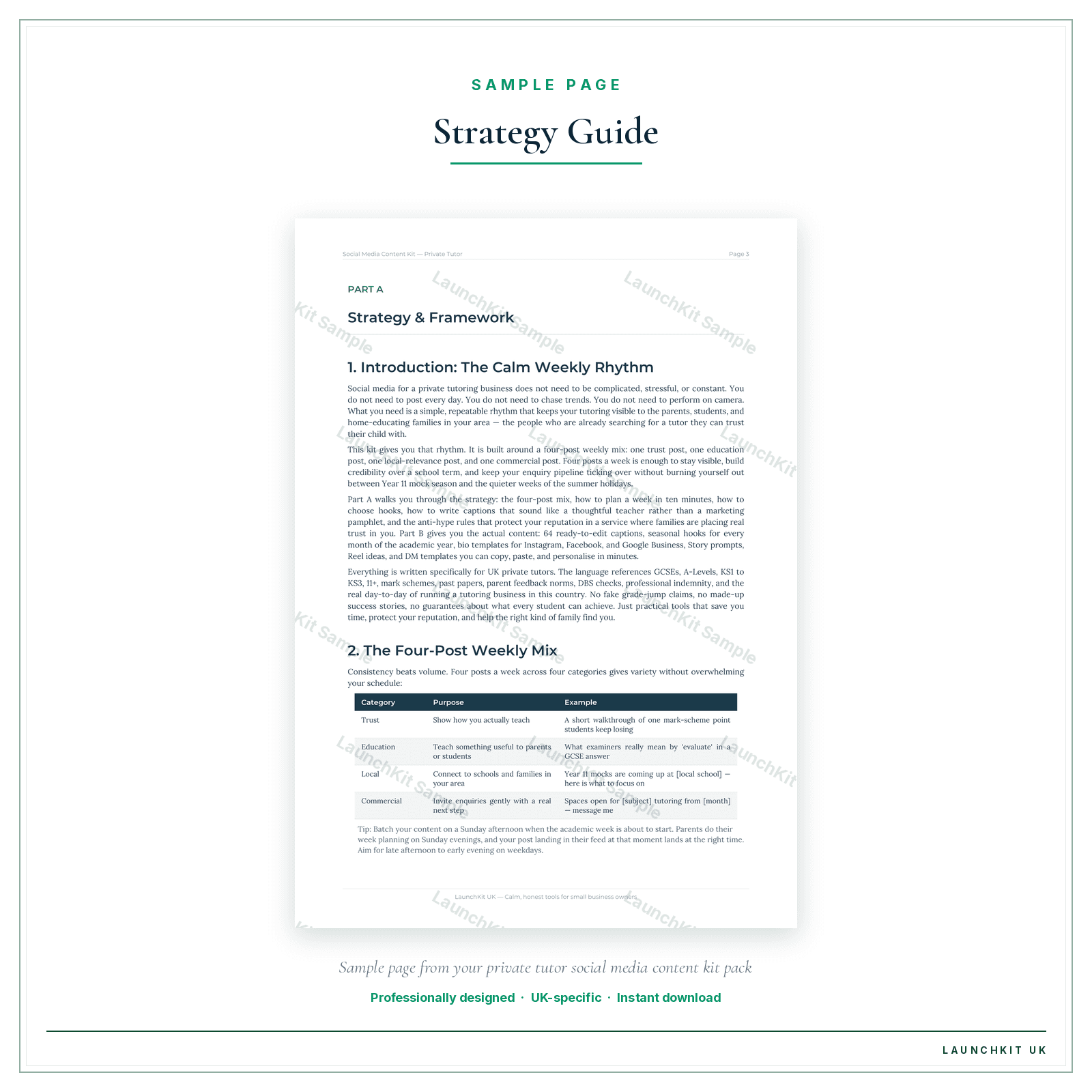 Strategy Guide sample page from the Private Tutors Social Media Content Kit pack — watermarked LaunchKit Sample