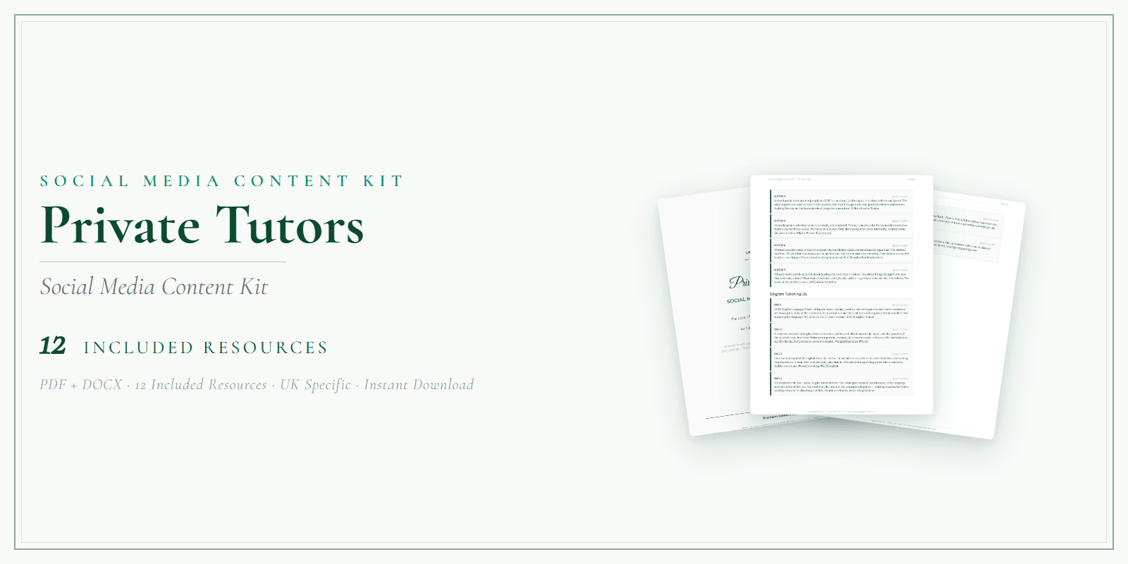 Private Tutors — Social Media Content Kit, PDF and editable DOCX product overview