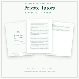Private Tutors — Social Media Content Kit, PDF and editable DOCX sample pages