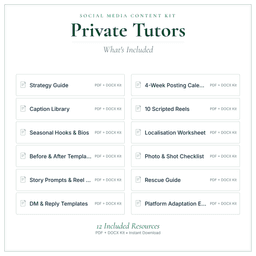 Private Tutors — Social Media Content Kit, PDF and editable DOCX what's included preview