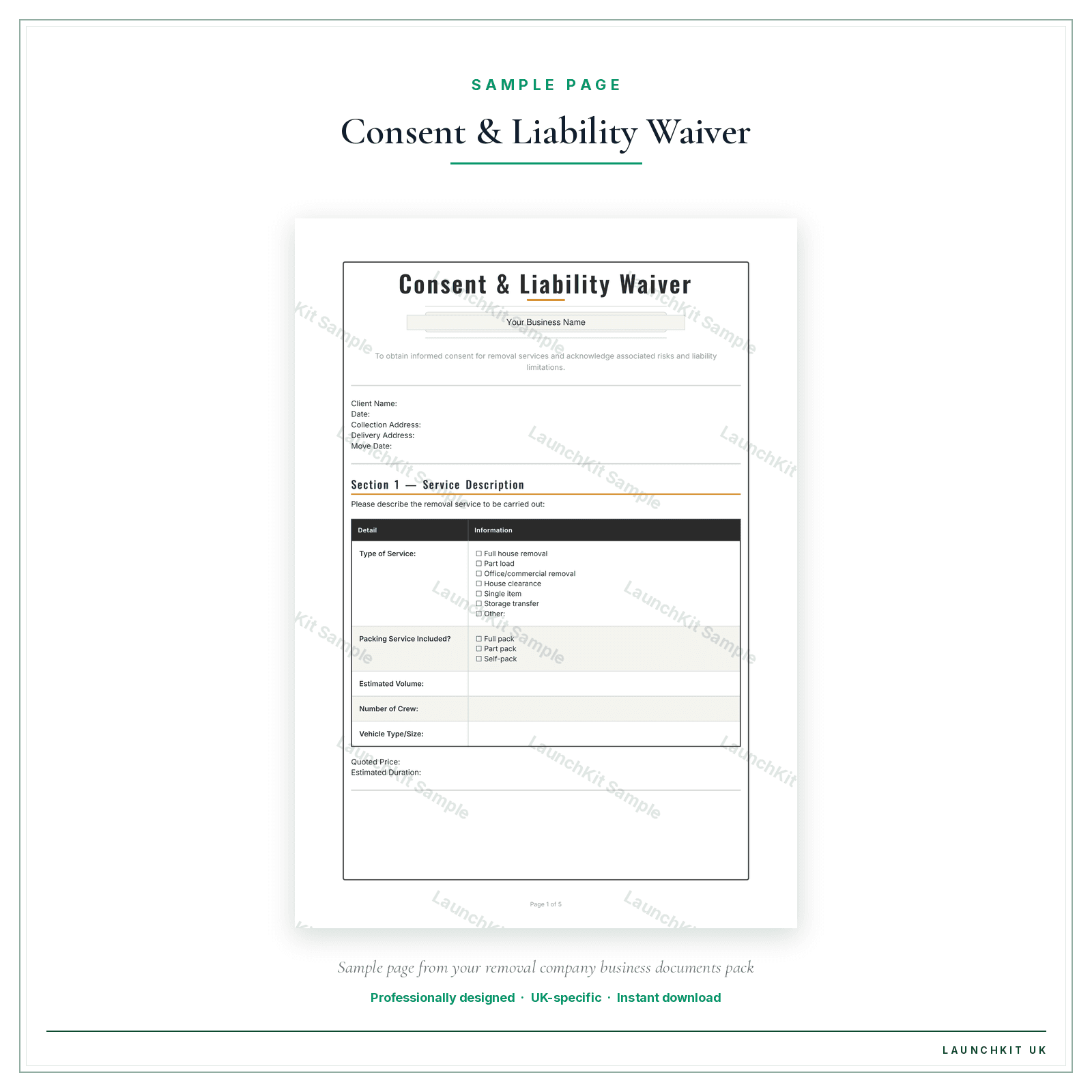 Consent & Liability Waiver sample page from the Removal Company Business Documents — Premium pack — watermarked LaunchKit Sample