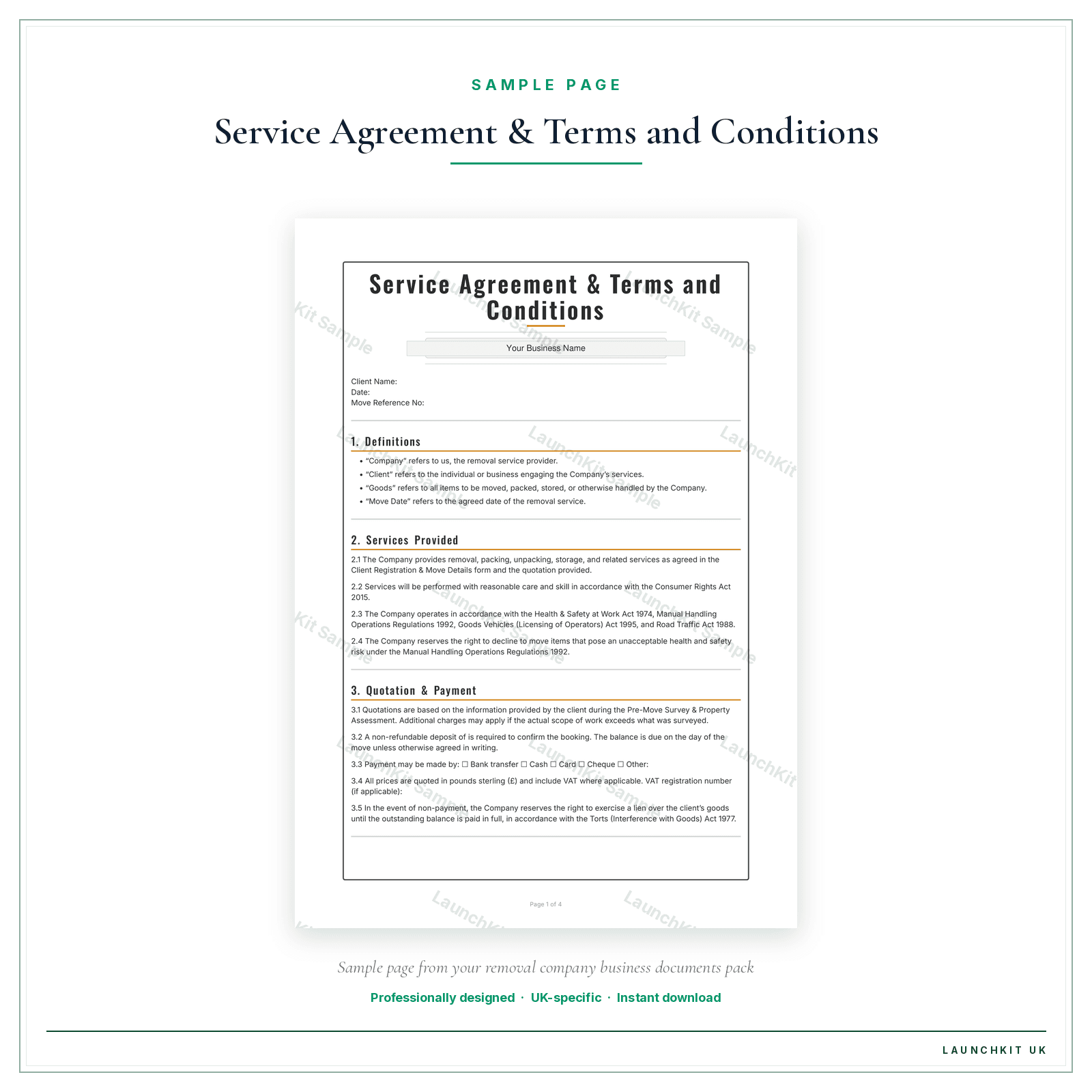 Service Agreement & Terms and Conditions sample page from the Removal Company Business Documents — Premium pack — watermarked LaunchKit Sample